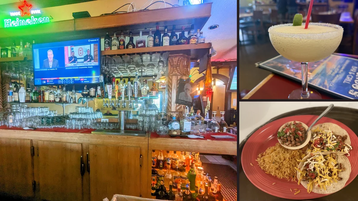 Margaritas and enchiladas served at a casual bar and grill.