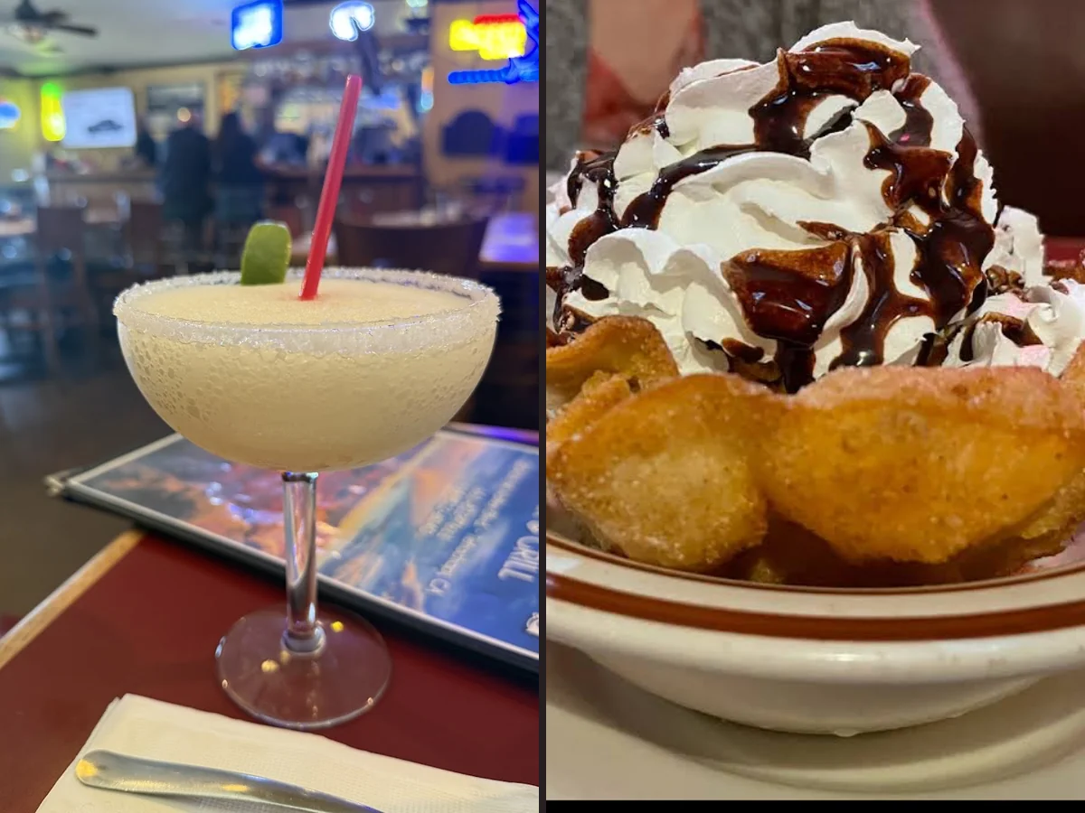 Margaritas and enchiladas served at a casual bar and grill.